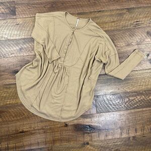 FREE PEOPLE M Womens Heartbreaker Camel Waffle Long Sleeve Oversized Top Tunic